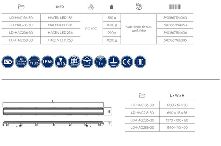 Oprawa hermetyczna HAGEN LED 218, T8 LED, G13, AC 220-240V, 50/60HZ, IP65, PC/PC, do świetlówek LED zasilanie jednostronne, biała; LD-HAG218-30