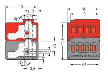 WAGO Złączka nasadzana 4-przewodowa PUSH WIRE® Ø 0,8 mm 2-bieg do KNX ciemnoszary/czerwony